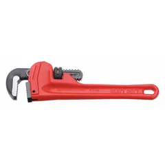 This straight pipe wrench has an 8 in overall length and a 32 mm jaw capacity. The serrated steel jaws provide a secure grip on round objects. It is used for turning and holding pipes or fittings in plumbing and mechanical applications.