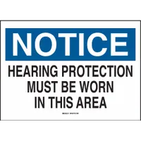 This adhesive-mounted sign measures 3 1/2 inches by 5 inches and is made of polyester. It is not retroreflective and has no glow-in-the-dark or anti-slip features. The sign communicates hearing protection requirements and is suitable for indoor use on clean, dry surfaces
