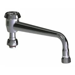 This single-bend faucet spout is constructed of brass with a polished chrome finish. It features an arc swivel design with an 8-inch spout reach and laminar flow. Mounting hardware is included. Suitable for commercial sink applications in kitchens, laboratories, or restrooms.