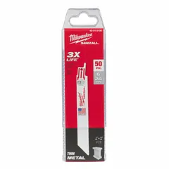 Thin-metal-cutting reciprocating saw blade, 6 inches long with 0.04-inch thickness and 24 teeth per inch. Designed for straight and curved cuts in sheet metal, tubing, and light-gauge materials. Sold in a 50-pack.