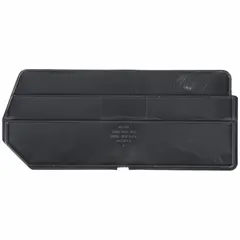 This bin divider is designed to subdivide hanging and stacking bins for organizing small parts in industrial storage systems. It measures 10 3/8 inches by 4 3/8 inches, is black in color, and is not electrostatic discharge conductive. Compatible with manufacturer model number 30230.