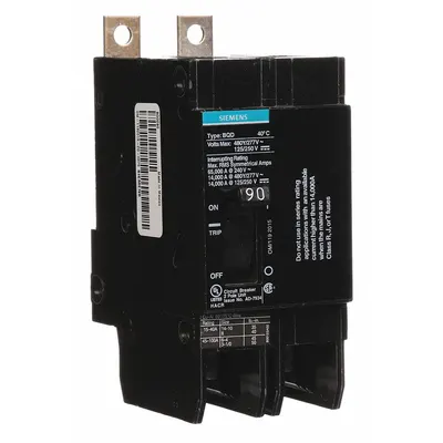 SIEMENS BQD290 Miniature Circuit Breaker, 90A, 480V AC, 2-Pole, Std - BQD Series, Bolt-On Siemens Miniature Circuit Breakers