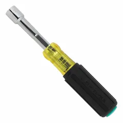 This pass-through nut driver features a hollow hex tip designed for driving standard hex nuts on threaded rods or studs. The magnetized tip holds fasteners securely, facilitating use in confined spaces where clearance is limited. Suitable for electrical and mechanical assembly and maintenance tasks.