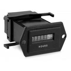Analog hour meter with a 2-inch display for front panel mounting. Rectangular bezel shape. UL listed. Suitable for tracking operating hours of industrial equipment such as generators, pumps, compressors, and machinery.
