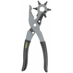 This hole-punching plier features a standard handle with cushion grip and an 8 1/2 in overall length. It is designed for punching clean holes in materials such as leather, canvas, plastic, and thin sheet metal. Commonly used in upholstery, belt-making, and light fabrication tasks.