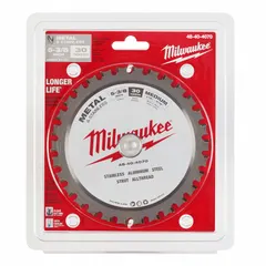This MILWAUKEE circular saw blade is designed for cutting ferrous metals such as steel. With 30 teeth, a 0.06 in cut width, and a 20 mm arbor, it is suited for metal fabrication, construction, and maintenance tasks requiring clean cuts in sheet metal, pipe, or structural steel.