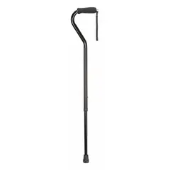 This single-tip adjustable cane features an offset handle and foam grip for comfort. Constructed from aluminum with a black finish, it supports up to 250 lb. Suitable for mobility assistance in home or clinical environments.