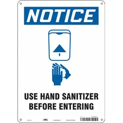 This aluminum sign displays the message 'Use Hand Sanitizer Before Entering' on a white background. It measures 14 inches high by 10 inches wide and is suitable for mounting at facility entry points to communicate hygiene protocols.