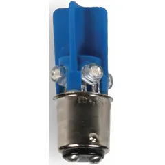 This BA15d double-contact bayonet base lamp features a T3-1/4 tubular bulb shape and emits blue light. It operates on 12 V AC/DC and is suited for industrial signaling applications such as control panels, annunciators, and warning indicators requiring a compact bayonet-mount light source.