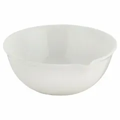 Glazed porcelain evaporating dish with 94 mm diameter and 42 mm overall height, 120 mL capacity. Autoclavable for repeated thermal cycling. Used in laboratories for evaporating solvents and concentrating solutions in analytical chemistry and sample preparation.