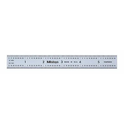 MITUTOYO Steel Rule: 182-104, 6 in, 0.05 in Thick, 1/50 in/1/64 in, Chrome, Clear - Stainless Steel Rulers