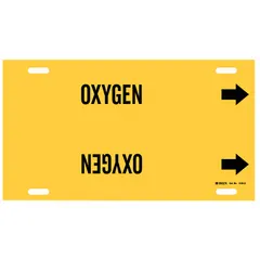 Single strap-on pipe marker for oxygen lines. Yellow background with black legend and directional arrows. Fits pipe outer diameters from 8 to 9-7/8 inches. Used to identify pipe contents and flow direction in industrial piping systems.