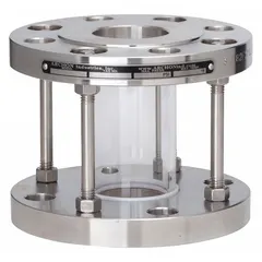 Steel single-wall full-view flow indicator with 7 1/2 in diameter flange. Borosilicate window and PTFE seal. Rated for 100 psi maximum operating pressure, vertical mounting, and flow in any direction. Used in industrial piping to visually verify fluid flow, color, and clarity.