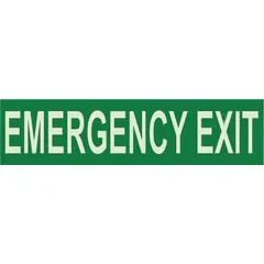 This adhesive emergency exit sign measures 3 inches by 12 inches and features glow-in-the-dark capability for visibility in low-light conditions. It is designed for permanent mounting on walls or doors to mark egress routes. The sign is not retroreflective and does not have an anti-slip surface.