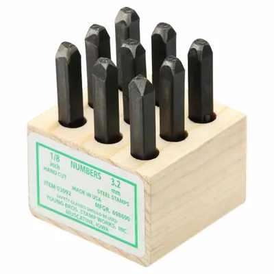 YOUNG BROS. STAMP WORKS Hand Stamp Kit: 0 thru 9 (6 doubles as 9), 1/8 in Character Ht, Steel - Precision-Ground Sharp-Face Hand Stamps