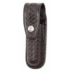 Black leather flashlight pouch with basket weave pattern and snap closure. Designed for belt or gear attachment to carry a flashlight securely. Suitable for duty use by law enforcement, security, and industrial personnel.
