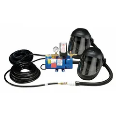 Complete supplied-air respirator system from the Allegro 9903 series. Includes a 1 1/2 hp pump and two full hood shields. Designed for respiratory protection in industrial environments such as painting, chemical handling, or abrasive blasting.
