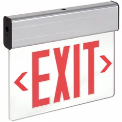 Surface-mount edge-lit exit sign with one red face. Silver aluminum housing with LED illumination. Universal field-selectable chevrons allow directional adjustment. Suitable for marking emergency exits in commercial and industrial buildings.