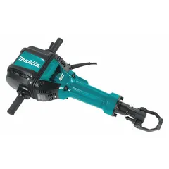 This MAKITA corded breaker hammer features a T-handle design and accepts 1 1/8 in hex shank bits. It delivers 53.9 ft-lb of impact energy at 870 bpm, drawing 15 A current. Weighing 69.1 lb, it is suited for heavy-duty concrete and masonry demolition tasks such as breaking slabs, walls, and foundations.