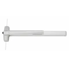 Surface-mounted vertical rod exit device with touchbar, finished in chrome. Designed for doors up to 3 ft wide. Used in commercial and institutional buildings to provide code-compliant emergency egress.