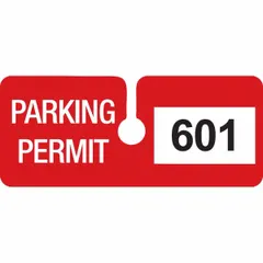 This parking hanger is made of red vinyl and comes in a pack of 100. It has a card height of 2 inches and an overall width of 4 3/4 inches. Used for vehicle identification in parking lots and garages.