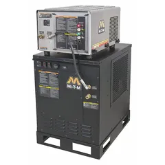 This skid-mounted hot water pressure washer features a belt-driven pump and electric burner fuel. It delivers 3000 psi at 3.9 gpm, powered by an 8 hp motor on 460 V three-phase power. Suitable for industrial cleaning tasks such as removing grease, oil, and grime from equipment and surfaces.
