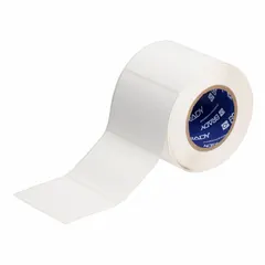 Acrylic permanent adhesive label roll with inkjet print-receptive material, compatible with J4000 printer series. Each roll contains 500 precut labels measuring 3 in x 4 in. Suitable for industrial identification, asset tagging, cable marking, and safety signage applications.