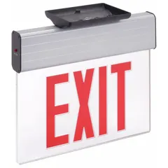Surface-mount edge-lit exit sign with two faces, red text, and silver aluminum housing. Features universal field-selectable chevrons for directional indication. LED technology provides energy-efficient illumination for emergency exit marking in commercial and industrial buildings.
