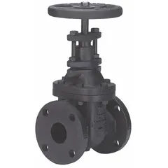 This 5-inch nominal size gate valve features a cast iron body, wedge, and bonnet with a non-rising stem design. It has a Class 125 flange connection and a wheel operator for manual on/off flow control. Suitable for general purpose industrial applications in water, oil, and gas systems.