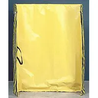 This roll-up welding screen is constructed from yellow vinyl, providing a portable barrier for welding environments. It measures 6 ft in height and 9 ft in width, suitable for containing sparks, UV light, and weld flash in fabrication shops, construction sites, and maintenance areas