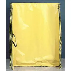 This roll-up welding screen is constructed from yellow vinyl, providing a portable barrier for welding environments. It measures 6 ft in height and 9 ft in width, suitable for containing sparks, UV light, and weld flash in fabrication shops, construction sites, and maintenance areas.