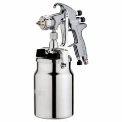 Conventional spray gun for applying dyes, glazes, lacquers, paints, and stains. Features an aluminum body, 1/4 in BSP air inlet, and 6.2 cfm @ 21.8 psi air consumption. Suitable for industrial finishing, woodworking, and automotive refinishing tasks.