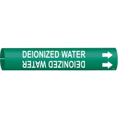 Green snap-on pipe marker with white legend reading 'Deionized Water' and directional arrows. Fits pipe outer diameters from 1-1/2 to 2-3/8 inches. Supplied as a single marker for identifying deionized water lines in industrial piping systems.