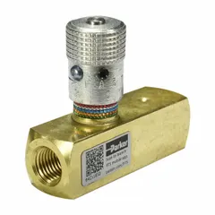 Manual two-way flow control valve with brass body and rotary knob adjustment. Regulates fluid flow in hydraulic or water circuits up to 40 gpm and 500 psi. Connections are 1 in NPT inlet and outlet.