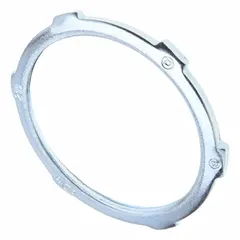 Steel locknut for securing rigid threaded conduit (RMC/IMC) to boxes, enclosures, or fittings. Non-insulated design provides a mechanical connection in electrical raceway systems. Suitable for industrial and commercial wiring applications.