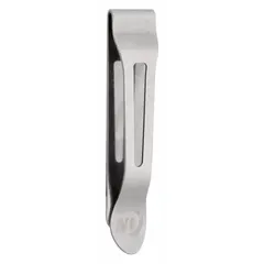 Stainless steel pocket clip with spring-tension mechanism for attaching a cell phone to a belt, waistband, or pocket. Silver finish. Universal compatibility with any cell phone brand or model.