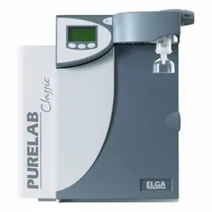 This benchtop water purification system produces Type I ultrapure water with a resistivity of 18.2 Megohm and a flow rate of 2 lpm. It accepts a reverse osmosis feed via a 1/4" NPT connection and removes particles, DNase, endotoxins, ions, and RNase. Suitable for laboratory applications requiring high-purity water.