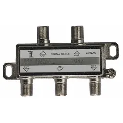 This audio/video splitter has one F-Type Female input and four F-Type Female outputs, supporting frequencies up to 1,000 MHz. It is used for distributing coaxial signals in data, audio, and video applications.