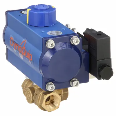 DYNAQUIP CONTROLS Pneumatically Actuated Three-Way Ball Valve: 1/2 in, Brass - L-Port Brass Pneumatically-Actuated Ball Valves