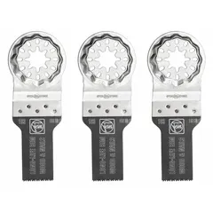 Set of three bi-metal Starlock mounted blades, each 3 13/16 in overall length. Designed for plunge cutting in wood containing nails, suitable for demolition and renovation tasks.