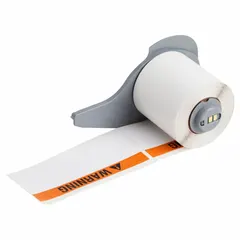 Vinyl precut label roll in black, orange, and white. Two sizes: 1 29/32 in x 4 in and 4 in x 1 29/32 in. Acrylic adhesive. Compatible with M710 printer series. Used for industrial warning and hazard identification on equipment, panels, and safety signage.
