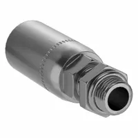Straight hydraulic crimp fitting made of carbon steel. Male x Male configuration with O-Ring Boss (ORB) connection on one end and hose end on the other. Designed for -6 hose dash size with 9/16"-18 thread. Used in fluid power systems for connecting hoses in industrial machinery and mobile equipment