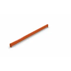 This teardrop pallet rack step beam is roll formed from steel and finished in orange. It measures 144 inches long by 2 1/2 inches high by 4 1/4 inches deep. Designed for use with teardrop-style uprights, it supports palletized loads in warehouse and industrial storage applications.