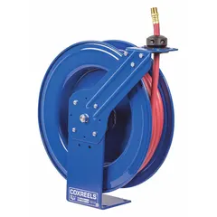 This large-frame spring-return hose reel is designed for air or water applications, featuring a movable arm for flexible positioning. It includes 50 ft of 3/4 in I.D. hose, a 3/4 in MNPT inlet, and a brass swivel with a blue powder-coated frame. Maximum operating pressure is 300 psi.