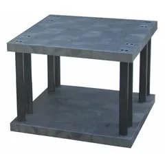 This fixed press-fit stationary shelving unit features a plastic frame and two shelves made from corrosion-resistant High Density Polyethylene. Measuring 36 in x 36 in with a 27 in overall height, it is suited for environments where metal shelving would degrade, such as industrial, chemical, and food-processing areas.