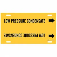 Yellow pipe marker with black legend reading 'Low Pressure Condensate' and directional arrows. Fits pipe outer diameters from 8 to 9-7/8 inches. Supplied as a single strap-on marker for identifying low pressure condensate lines in steam and HVAC systems
