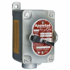 This enclosed manual motor switch is rated 30 A with 2 poles and a 0.75 in hub diameter. It features a dead-end, factory-sealed design for use in hazardous locations. Typical applications include on/off control of motors in environments where flammable gases or dusts may be present.