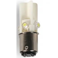 White LED lamp with T3-1/4 tubular bulb shape and BA15d double-contact bayonet base. Operates at 120V AC. Suitable for use in panel indicators, annunciators, and warning lights as a direct replacement for incandescent bulbs in control panels and machinery.