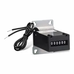 This electromechanical counter is designed for front panel mounting in industrial control applications. It features a compact 1 in x 1 3/8 in face with a white display and operates on 90 V DC to 110 V DC. The unit is CE certified and suitable for counting cycles, parts, or events in production machinery and process control panels.