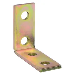 This 90° corner connector is made of steel with an electroplated gold finish and features four holes for mounting. It is used to join structural framing or panels at a right angle in applications such as industrial racking, conveyor guards, and machine enclosures.